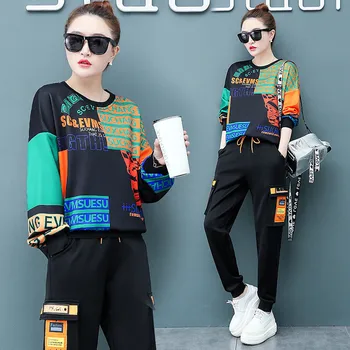 2020 Pomlad Korejske Modne Dame Svoboden Dveh Kosov Določa Ženska Mozaik Tiskanih Obleke, Casual Prevelik Vrhovi + Hlače Oblačila