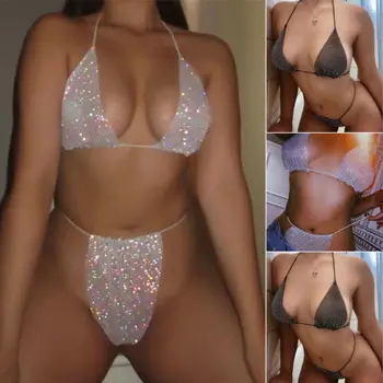 Seksi Kristalno Bikini Ženske Push-up Podložen Modrček Nosorogovo Bikini Komplet Trikotnik Kopalke, Kopalke, Kopalne Plažo