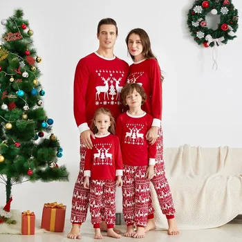 Družina Ujemanja Obleke Starši-Otrok, Božični Kostum Elk Red Tiskanja Vrhovi Hlače Božič Pajama Nastavite Mati, Oče Otroka, Otrok, Družina Videz