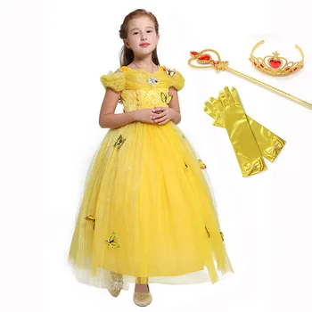 Otrok Summer Party Dress off Ramenski Buttiflies Pritrjena Princesa Lepotica in Zver Zgleduje Princesa Belle Kostum za Dekle