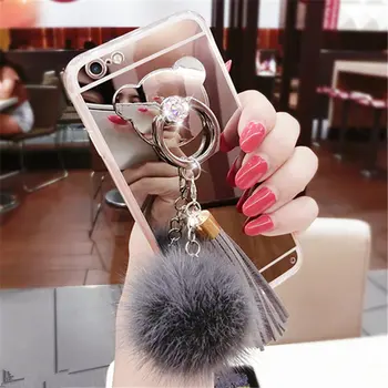 Za iphone 11 12 pro mini X 6 6S 7 8 Plus Xs Max XR Luksuzni Krzno žogo Rese Ogledalo kritje Medved prst prstan Sof Bling Primeru