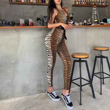 CNYISHE 2019 Moda Ulične Tiger vzorec tiskanja Jumpsuits Ženske Romper Seksi Votlih Out Cross Povoj slim Jumpsuit Ženski
