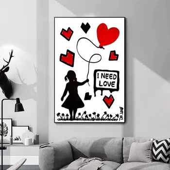 Banksy je prava Ljubezen, Street Art Platno Barvanje Dekle, ki ima Ljubezen Balon Plakatov in Fotografij Stenskih slikah, za Dnevna Soba Dekor