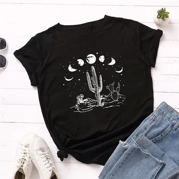 Plus Velikost S-5XL Bombaža T-Shirt Voguish Luna Kaktus Print Majica s kratkimi rokavi Ženske O Vratu Kratek Rokav Tee Poletje TShirt Ženske Roza Vrhovi