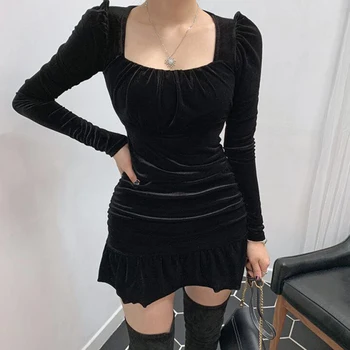 Seksi Ruffle Žametno Obleko Puff Dolg Rokav Mini Bodycon Black Letnik 2020 Pomlad Srčkan Korejski Slog Ženske Obleke Kleider Damen