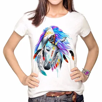 LUSLOS Konj Oljna slika Loose majica s kratkimi rokavi Ženske Ženski Tshirt 2020 Nove Modne Poletne Kratek Rokav T Shirt Priložnostne Beli Vrhovi Femme