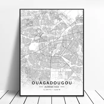 Črna in Bela Ouagadougou Burkina faso zemljepisna širina zemljepisna Dolžina Platno Art Map Plakat