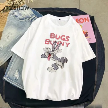 Ženske T-shirt Bugs bunny natisnjeni beli vrhovi T-majica kratek rokav, nove priložnostne poletje smešno risanka t shirt grafični tees ženske