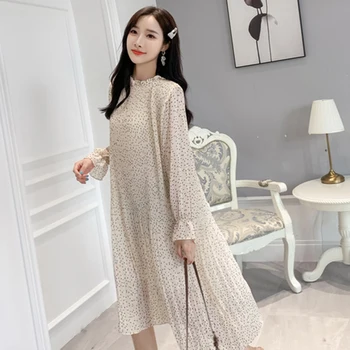 2019 Jeseni Novo Koreja Moda za Ženske Priložnostne A-linijo Dolgo Obleko Elegantno vitek Naguban Šifon Tiskanja Obleke Ženska Vestidos S57