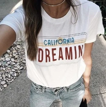 Hahayule California Dreamin Ženske Letnik Poletje Srčkan Priložnostno Svoboden Graphic Tee Ulični Stil Modni Vrh Kul Majice Kawaii