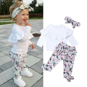 Emmababy 0-5Y Malčke Baby Dekleta Obleke, Kompleti Jesensko Zimske Obleke Bele Ruffle Vrhovi Cvetlični Hlače Glavo 3Pcs Obleke Set