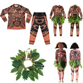 3PCS Moana Maui Tatoo Halloween Odrasli Otroci Cosplay Kostume z z Listi, Dekor Majica+Hlače+Krila Cosplay Kostum AU