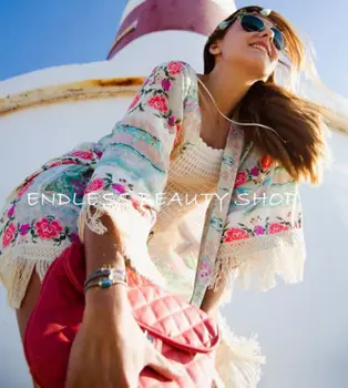 Čisto Nove Ženske Boho Bonitete Cvetlični Kimono Jopico Rese Plaži Prikriti Cape Suknjič Dolgo Bluzo Vrhovi
