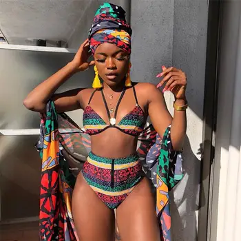 Visoko Pasu Bikini Ženske Tiskanja Kopalke Zadrgo Kopalke Afriške Biquini Povoj Bikini Strappy Kopalke Povodcem Plažo