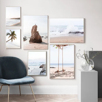 Morje Valovi Plaže, Palme Swing Seascape Wall Art Platno Slikarstvo Nordijska Plakatov In Fotografij Stenske Slike Za Dnevna Soba Dekor