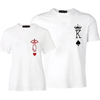 KRALJ KRALJICA Poker Tiskanja Kratek Rokav Priložnostne Par T-Shirt Nov Modni Slog Seksi Žensk Poletje Vrhovi Pismo Tee Shirt Femme