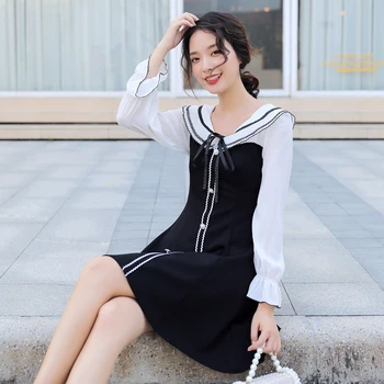 COIGARSAM Polno Rokavi Ženske enodelne korejski obleko Novo Šifon Mozaik Obleke Črne 8049