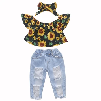2021 Baby Girl Obleke Poletje Trenirko Za Otroke, Oblačila Deklet Določa T-shirt+Zdrobljen Luknjo Otroci Jeans Oblačila