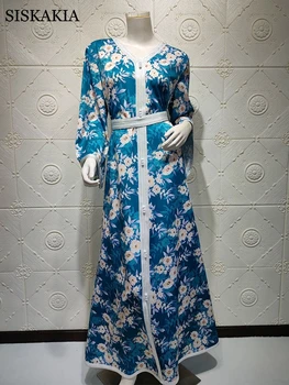 Siskakia Dolg Rokav Maxi obleke za Ženske, Sladko Modra, Roza Dubaj Abaya Moda Trak Prirezovanja V Vratu Jalabiya Muslimanskih Jeseni Leta 2020 Nova