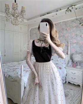 Obleka z Dolgimi Rokavi A-line Seksi Suh Mah Dolgo Vestidos Elegantno Polka Dot francoski Elegancija Obleke