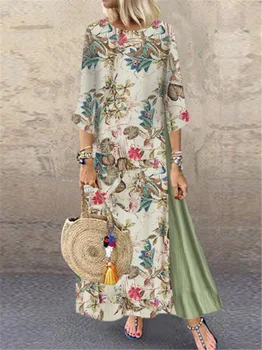 Pomladni Vintage DressFloral Tiskanja Midi Dolgo Nezakonitih Obleko 3/4 rokav, rokav okrogle ovratnik ramije cottonPlus Velikost 5XL obleko