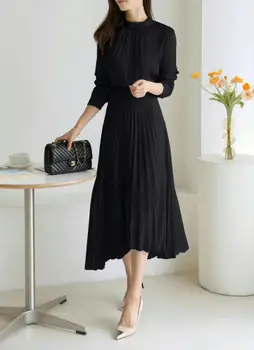 Elegantne retro Obleko za Ženske do leta 2020 Nova Barva O-vratu Visoko pasu Čipke-up Pasu Hujšanje preko Kolena Nabrano Obleko