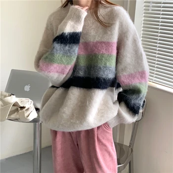 Nove zimske priložnostne prevelik za ujemanje barv prugasta puloverji s pletenje krog vratu ženske puloverji