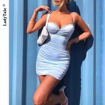 LadyTale Špageti Trak Mini Saten Ženska Obleka Seksi Backless Off Ramenski Obleke Za Ženske Ruched Stretch Nočni Klub, Obleko