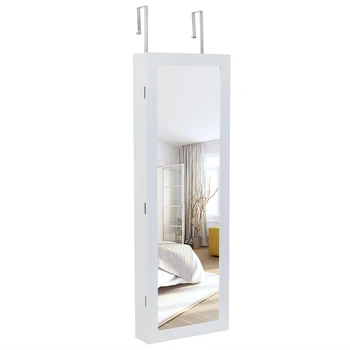 Sobe za Polno Ogledalo Lesene Stenske 4-Plast Polica, 2 Predali, 8 Modro LED Osvetlitev, Nakit Shranjevanje Ogledalo Kabinet - Bela