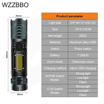 XHP100 Močna LED Svetilka USB Polnilne Taktično Svetlobe 26650 Baterije lov kampu lanterna Magnet varnost kladivo