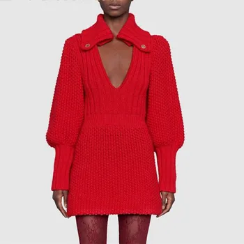 Plesti vzletno-pristajalne Steze Obleka Ženske 2021 Pomlad Novo Rdeč Pulover Obleko V Vratu Dolg Rokav A-line Mini Obleka Oblačilih Vestido De Mujer