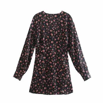 Za Obleko Ženske 2020 Letnik Cvjetnim Tiskanja Proti-vrat Dolg Rokav Ruched Mini Obleka Ženska Moda Elegantno Cvet Jeseni Obleke