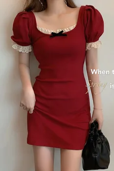 Obleko Kratko Sapo Rokav francoski Šik Kolena-dolžina Kvadratnih Ovratnik Vestidos Eleganten Čipke Obleke