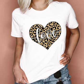 Ženske Grafični 2021 Leopard Moda Ljubezen Srce Valentinovo 90. letih Pomlad Poletje Lady Oblačila Vrhovi Tees Tiskanja Tshirt Ženske T-Shirt