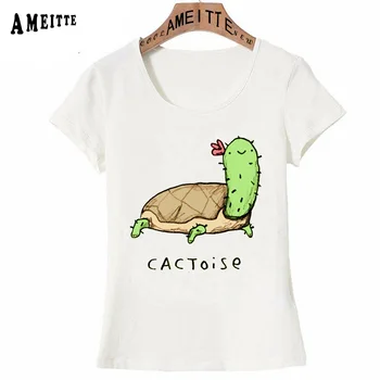 AMEITTE Srčkan Tropskih Kaktus Tortoise Natisni T-Shirt Poletje Ženske T-Shirt Moda Dekle Priložnostne Vrhovi Smešno Živali Design Ženska Tees