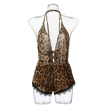 Ženske Onesies Leopard Romper Obleka, Sexy Plus Velikost Čipke trim Perilo Backless Povodcem Sleepwear Nighty Babydoll Srajca
