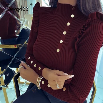 Simplee Prugasta visoko vratu žensk pletenje pulover Ruffle slim black dolgimi rokavi Pulover High street style pozimi nov pulover
