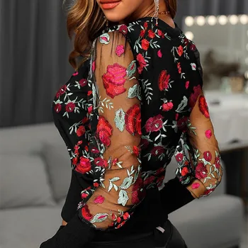 Vrhovi žensko Bluzo O-Vratu Letnik Dame, Oblačila, Casual Mehko Udobno Bluze za Ženske Črna Fashion Lace Cvetlični Oblačila