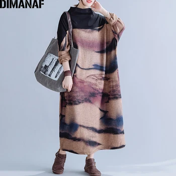DIMANAF Plus Velikost Ženske obleke Pletenje Bombaž Jeseni Oversize Kitajski Slog Svoboden Ženski Lady Vestidos Print Maxi Dolgo Obleko Nova