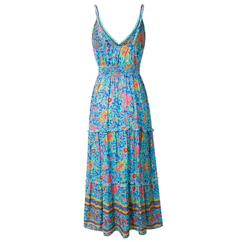 Vintage elegantne ženske zelena cvjetnim tiskanja brez rokavov plaži Bohemian Špageti Trak maxi obleko Dame Poletje Boho obleko vestidos