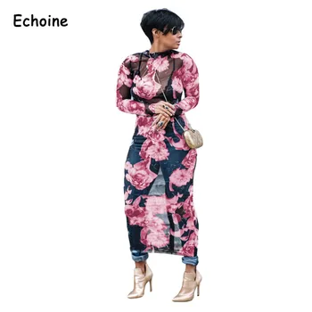 Echoine Fashion Sexy Odklon Očesa, ki Vidijo Skozi Obleko Cvjetnim Tiskanja Dolg Rokav Maxi Dolgo Drresses Seksi Stranke Obleke Za Ženske, 3XL