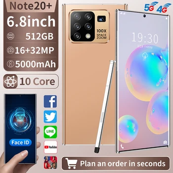 Snapdragon 865 Galxy N20+ 6.8 palčni Full Zaslon 10-Core 12GB +512GB Pametne telefone Android 2K Pet Fotoaparat 5G NAJ Mobilni Telefon
