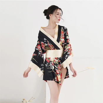 Črna seksi kimonos obleko Japonskem slogu Češnje cvetovi cosplay tradicionalni Japonski kimono ženska, kopalni plašč gejša oblačila