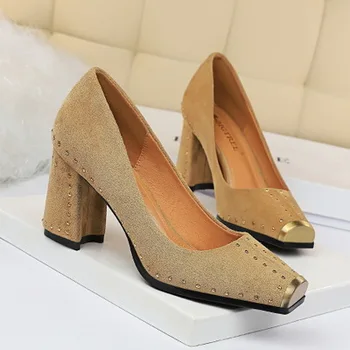 2019 ženske čevlje z visoko peto kovinskih kvadratnih glavo plitvo zakovice eno čevlji, visoke pete