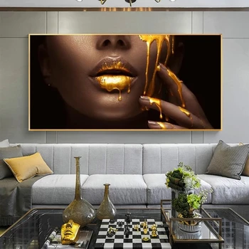 Afriške Ženske Obraz Seksi Zlato Ustnice Platna Slike na Steni Wall Art Slik, Plakatov In Fotografij za Dom Dekor