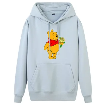 Disney Majica Winnie Pooh Bear Cvetlični Risanka Tiskanja Hoodie Pulover Dolg Rokav Pocket Pari Unisex Majica 8 Barve