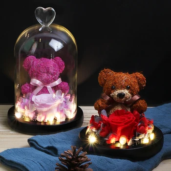 Večno Konzervirane Sveže Rose Lep medvedek Modeliranje LED Lučka V Bučko Nesmrtni Rose Valentinovo, materinski Dan, Darila