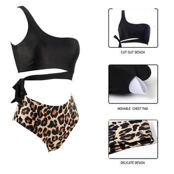 RXRXCOCO Bikini Visoko Pasu Kopalke Ženske Push Up Plažo Kopalke Ženska Seksi, Plavanje Obleko Leopard Eno Ramo Ženske Bikini