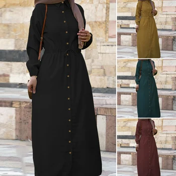 Vintage Muslimanskih Shirt Obleko Žensk Puff Rokav Sundress ZANZEA 2021 Priložnostne Vrvico Maxi Vestidos Ženski Gumb Haljo Plus Velikost