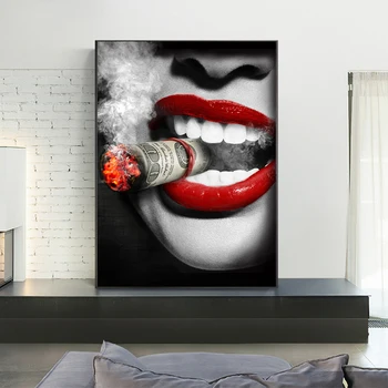 Ženske Kajenje Plakati Seksi Rdeče Ustnice Kul Portret Oljnih Slik na Platnu Bar Stenski Dekor Obešanje Slik Domov Dekoracijo